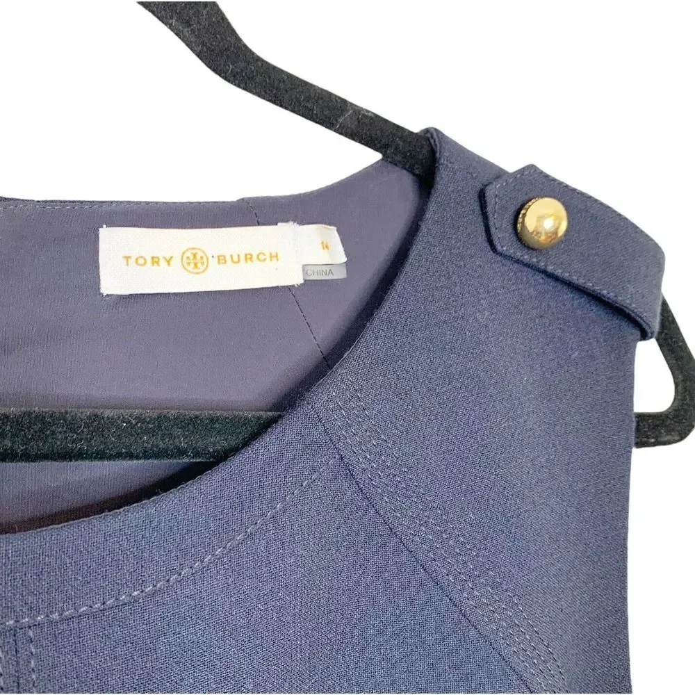 Tory Burch Women’s Wool Blend Evelina Sheath Dress size 14 Navy Blue Gold Detail